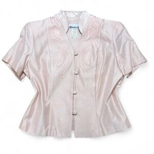 Pink vintage 80s jacket embroidered details button-up front and shoulder pads